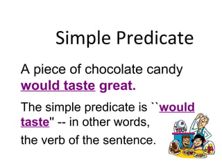 Simple Predicate
A piece of chocolate candy
would taste great.
The simple predicate is ``would
taste'' -- in other words,
the verb of the sentence.
 