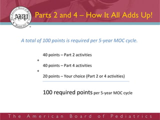 Parts 2 and 4 – How It All Adds Up! A total of 100 points is required per 5-year MOC cycle.  40 points – Part 2 activities   + 40 points – Part 4 activities   +  20 points – Your choice (Part 2 or 4 activities) 100 required points  per 5-year MOC cycle 