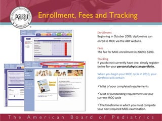 Enrollment, Fees and Tracking Enrollment Beginning in October 2009, diplomates can enroll in MOC via the ABP website.   Fees The fee for MOC enrollment in 2009 is $990.  Tracking If you do not currently have one, simply register online for your  personal physician portfolio.  When you begin your MOC cycle in 2010, your portfolio will contain: A list of your completed requirements A list of outstanding requirements in your current MOC cycle The timeframe in which you must complete your next required MOC examination. 