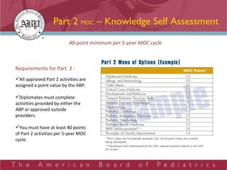 Part 2  MOC  – Knowledge Self Assessment Requirements for Part  2 : All approved Part 2 activities are assigned a point value by the ABP. Diplomates must complete activities provided by either the ABP or approved outside providers.  You must have at least 40 points of Part 2 activities per 5-year MOC cycle. 40-point minimum per 5-year MOC cycle 
