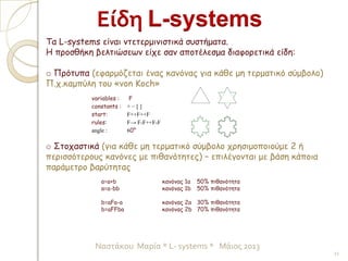 11
Είδη L-systems
Τα L-systems είναι ντετερμινιστικά συστήματα.
H προσθήκη βελτιώσεων είχε σαν αποτέλεσμα διαφορετικά είδη:
o Πρότυπα (εφαρμόζεται ένας κανόνας για κάθε μη τερματικό σύμβολο)
Π.χ.καμπύλη του «von Koch»
o Στοχαστικά (για κάθε μη τερματικό σύμβολο χρησιμοποιούμε 2 ή
περισσότερους κανόνες με πιθανότητες) – επιλέγονται με βάση κάποια
παράμετρο βαρύτητας
Ναστάκου Μαρία * L- systems * Μάιος 2013
variables : F
constants : + − [ ]
start: F++F++F
rules: F→ F-F++F-F
angle : 60°
a=a+b κανόνας 1a 50% πιθανότητα
a=a-bb κανόνας 1b 50% πιθανότητα
b=aFa-a κανόνας 2a 30% πιθανότητα
b=aFFba κανόνας 2b 70% πιθανότητα
 