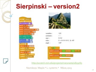 variables : F,Χ
constants : + −
start : F-F-F
rules : F→ F-F+F+F-F, X→FF
angle : 120°
28
Ναστάκου Μαρία * L- systems * Μάιος 2013
Sierpinski – version2
http://scratch.mit.edu/projects/marynasta/2829785
 