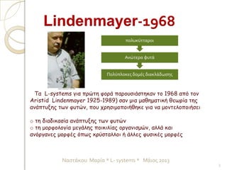 Τα L-systems για πρώτη φορά παρουσιάστηκαν το 1968 από τον
Aristid Lindenmayer 1925-1989) σαν μια μαθηματική θεωρία της
ανάπτυξης των φυτών, που χρησιμοποιήθηκε για να μοντελοποιήσει
o τη διαδικασία ανάπτυξης των φυτών
o τη μορφολογία μεγάλης ποικιλίας οργανισμών, αλλά και
ανόργανες μορφές όπως κρύσταλλοι ή άλλες φυσικές μορφές
Lindenmayer-1968
3
Ναστάκου Μαρία * L- systems * Μάιος 2013
Πολύπλοκες δομές διακλάδωσης
Ανώτερα φυτά
πολυκύτταροι
 