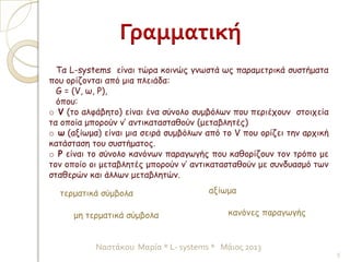 Τα L-systems είναι τώρα κοινώς γνωστά ως παραμετρικά συστήματα
που ορίζονται από μια πλειάδα:
G = (V, ω, P),
όπου:
o V (το αλφάβητο) είναι ένα σύνολο συμβόλων που περιέχουν στοιχεία
τα οποία μπορούν ν’ αντικατασταθούν (μεταβλητές)
o ω (αξίωμα) είναι μια σειρά συμβόλων από το V που ορίζει την αρχική
κατάσταση του συστήματος.
o P είναι το σύνολο κανόνων παραγωγής που καθορίζουν τον τρόπο με
τον οποίο οι μεταβλητές μπορούν ν’ αντικατασταθούν με συνδυασμό των
σταθερών και άλλων μεταβλητών.
Γραμματική
τερματικά σύμβολα
μη τερματικά σύμβολα
αξίωμα
κανόνες παραγωγής
5
Ναστάκου Μαρία * L- systems * Μάιος 2013
 