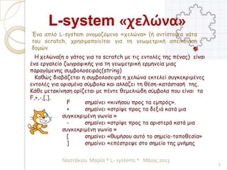 L-system «χελώνα»
Ένα απλό L-system ονομαζόμενο «χελώνα» (ή αντίστοιχα γάτα
του scratch, χρησιμοποιείται για τη γεωμετρική απεικόνιση
δομών
Η χελώνα(η ο γάτος για το scratch με τις εντολές της πένας) είναι
ένα εργαλείο ζωγραφικής για τη γεωμετρική ερμηνεία μιας
παραγόμενης συμβολοσειράς(string)
Καθώς διαβάζεται η συμβολοσειρά η χελώνα εκτελεί συγκεκριμένες
εντολές για ορισμένα σύμβολα και αλλάζει τη θέση-κατάστασή της.
Κάθε μετακίνηση ορίζεται με πέντε θεμελιώδη σύμβολα που είναι τα
F,+,-,[,].
F σημαίνει «κινήσου προς τα εμπρός».
+ σημαίνει «στρίψε προς τα δεξιά κατά μια
συγκεκριμένη γωνία »
- σημαίνει «στρίψε προς τα αριστερά κατά μια
συγκεκριμένη γωνία »
[ σημαίνει «θυμήσου αυτό το σημείο-τοποθεσία»
] σημαίνει «επέστρεψε στο σημείο της μνήμης
8
Ναστάκου Μαρία * L- systems * Μάιος 2013
 