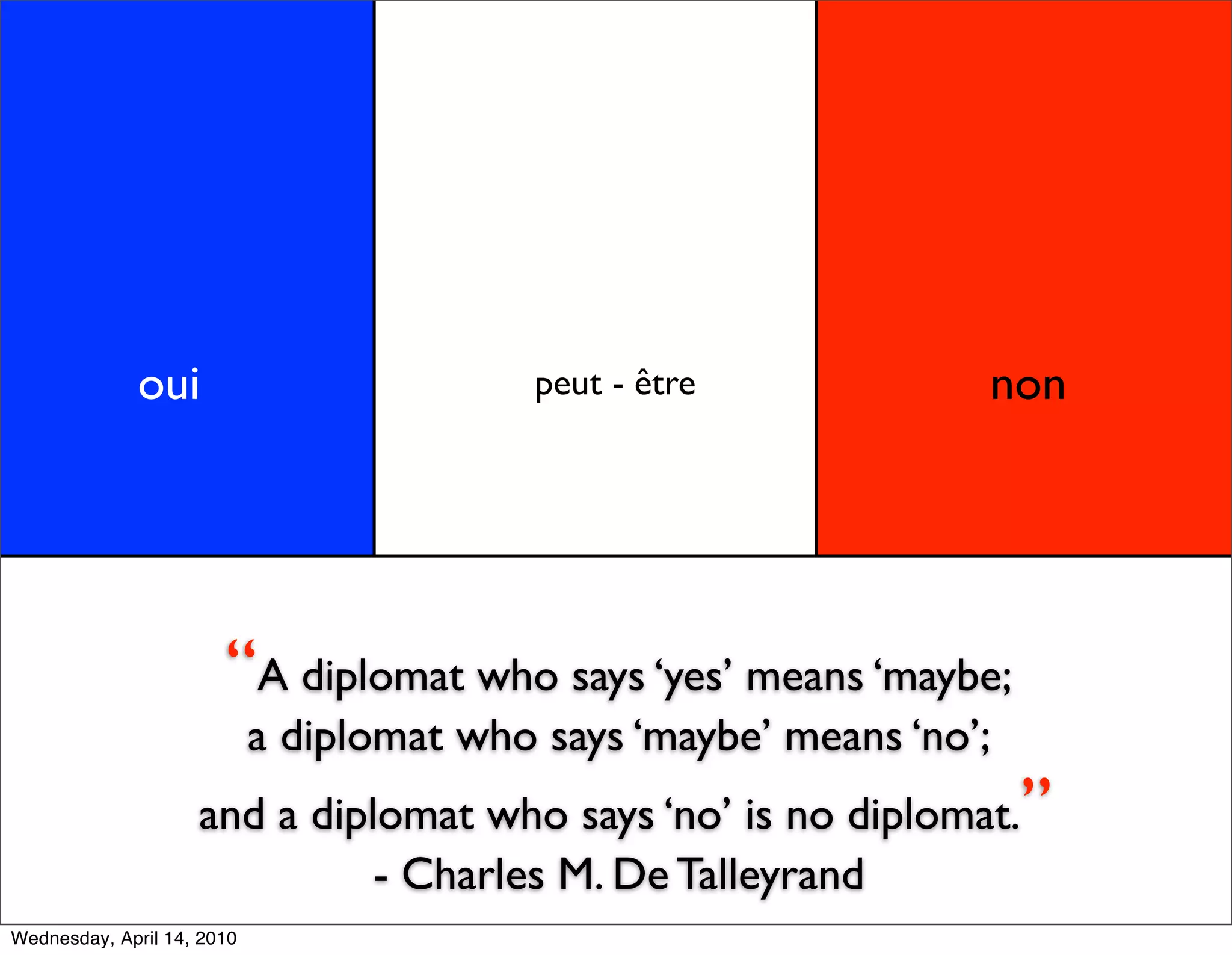 oui                          peut - être            non




                       “A diplomat who says ‘yes’ means ‘maybe;
                            a diplomat who says ‘maybe’ means ‘no’;
                                         maybe
                    and a diplomat who says ‘no’ is no diplomat.      ”
                              - Charles M. De Talleyrand
Wednesday, April 14, 2010
 