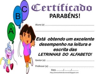 http://simonehelendrumond.blogspot.com
PARABÉNS!
Aluno (a) ................................................................................
................................................................................................
Está obtendo um excelente
desempenho na leitura e
escrita das
LETRINHAS DO ALFABETO!
Gestor (a): ..............................................................................
Professor (a): .........................................................................
Data .........../.........../...........
A
B
C
 