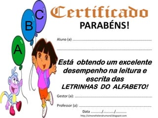 http://simonehelendrumond.blogspot.com
PARABÉNS!
Aluno (a) ................................................................................
................................................................................................
Está obtendo um excelente
desempenho na leitura e
escrita das
LETRINHAS DO ALFABETO!
Gestor (a): ..............................................................................
Professor (a): .........................................................................
Data .........../.........../...........
A
B
C
 