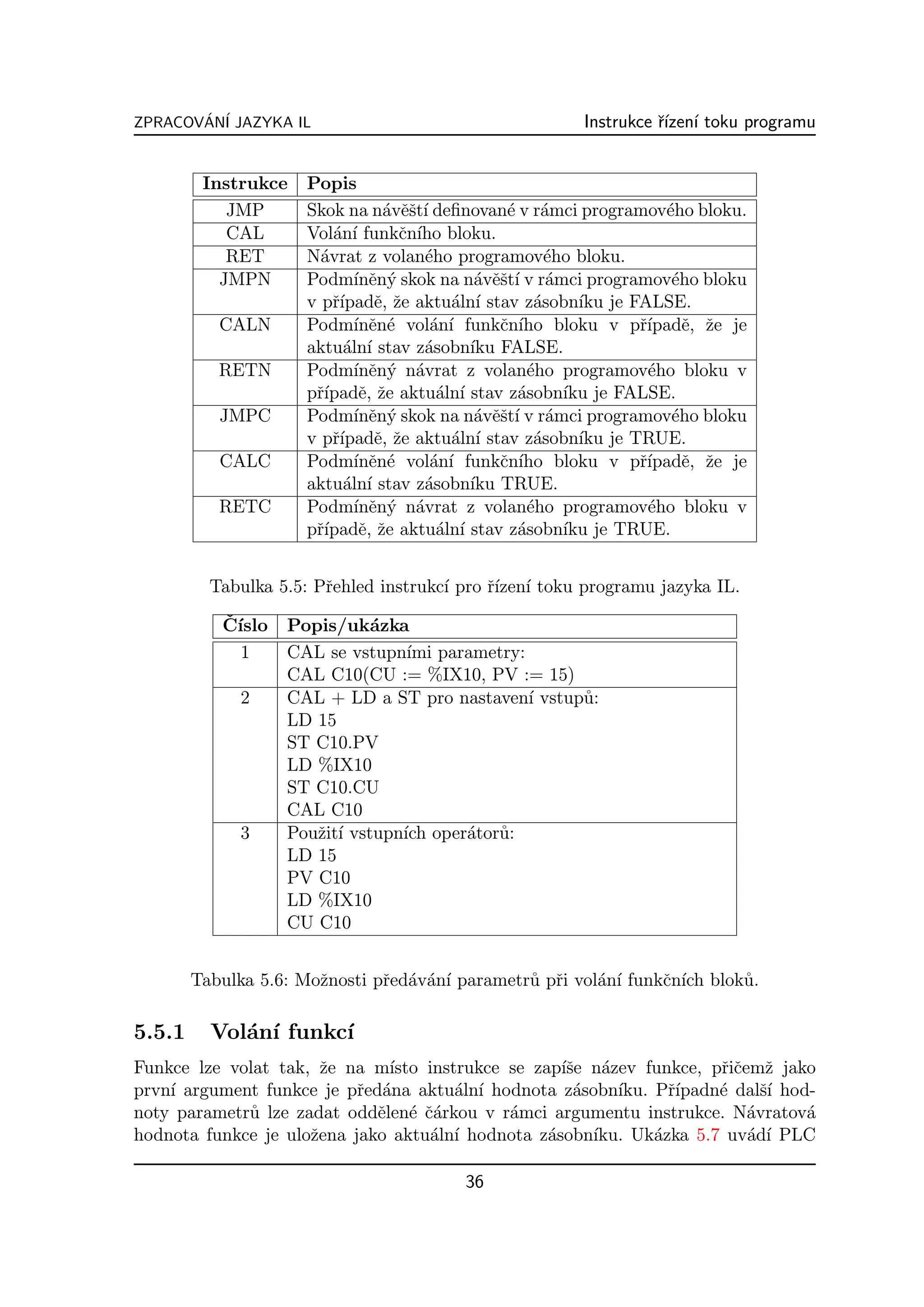 ZPRACOVAN´ JAZYKA IL
       ´ I                                             Instrukce ˇızen´ toku programu
                                                                 r´ ı


         Instrukce    Popis
            JMP       Skok na n´vˇˇt´ deﬁnovan´ v r´mci programov´ho bloku.
                                 a es ı           e a              e
            CAL       Vol´n´ funkˇn´ bloku.
                          a ı      c ıho
            RET       N´vrat z volan´ho programov´ho bloku.
                        a             e                 e
           JMPN       Podm´ en´ skok na n´vˇˇt´ v r´mci programov´ho bloku
                             ınˇ y            a es ı a              e
                      v pˇ´ e, ˇe aktu´ln´ stav z´sobn´ je FALSE.
                          rıpadˇ z         a ı        a     ıku
           CALN       Podm´ en´ vol´n´ funkˇn´
                             ınˇ e      a ı      c ıho bloku v pˇ´ e, ˇe je
                                                                rıpadˇ z
                      aktu´ln´ stav z´sobn´ FALSE.
                            a ı       a      ıku
           RETN       Podm´ en´ n´vrat z volan´ho programov´ho bloku v
                             ınˇ y a                 e           e
                      pˇ´ e, ˇe aktu´ln´ stav z´sobn´ je FALSE.
                       rıpadˇ z          a ı        a     ıku
           JMPC       Podm´ en´ skok na n´vˇˇt´ v r´mci programov´ho bloku
                             ınˇ y            a es ı a              e
                      v pˇ´ e, ˇe aktu´ln´ stav z´sobn´ je TRUE.
                          rıpadˇ z         a ı        a     ıku
           CALC       Podm´ en´ vol´n´ funkˇn´
                             ınˇ e      a ı      c ıho bloku v pˇ´ e, ˇe je
                                                                rıpadˇ z
                      aktu´ln´ stav z´sobn´ TRUE.
                            a ı       a      ıku
           RETC       Podm´ en´ n´vrat z volan´ho programov´ho bloku v
                             ınˇ y a                 e           e
                      pˇ´ e, ˇe aktu´ln´ stav z´sobn´ je TRUE.
                       rıpadˇ z          a ı        a     ıku


          Tabulka 5.5: Pˇehled instrukc´ pro ˇ´ ı toku programu jazyka IL.
                        r              ı     rızen´
           ˇ ıslo
           C´       Popis/uk´zka
                               a
              1     CAL se vstupn´ parametry:
                                   ımi
                    CAL C10(CU := %IX10, PV := 15)
             2      CAL + LD a ST pro nastaven´ vstup˚:
                                               ı     u
                    LD 15
                    ST C10.PV
                    LD %IX10
                    ST C10.CU
                    CAL C10
             3      Pouˇit´ vstupn´ oper´tor˚:
                       z ı        ıch   a u
                    LD 15
                    PV C10
                    LD %IX10
                    CU C10


        Tabulka 5.6: Moˇnosti pˇed´v´n´ parametr˚ pˇi vol´n´ funkˇn´ blok˚.
                       z       r a a ı          u r      a ı     c ıch   u

5.5.1     Vol´n´ funkc´
             a ı      ı
Funkce lze volat tak, ˇe na m´
                       z      ısto instrukce se zap´se n´zev funkce, pˇiˇemˇ jako
                                                    ıˇ a                rc z
prvn´ argument funkce je pˇed´na aktu´ln´ hodnota z´sobn´
    ı                      r a         a ı            a    ıku. Pˇ´
                                                                  rıpadn´ dalˇ´ hod-
                                                                        e    sı
noty parametr˚ lze zadat oddˇlen´ ˇ´rkou v r´mci argumentu instrukce. N´vratov´
             u               e e ca          a                             a       a
hodnota funkce je uloˇena jako aktu´ln´ hodnota z´sobn´
                     z             a ı            a     ıku. Uk´zka 5.7 uv´d´ PLC
                                                                a          a ı

                                         36
 