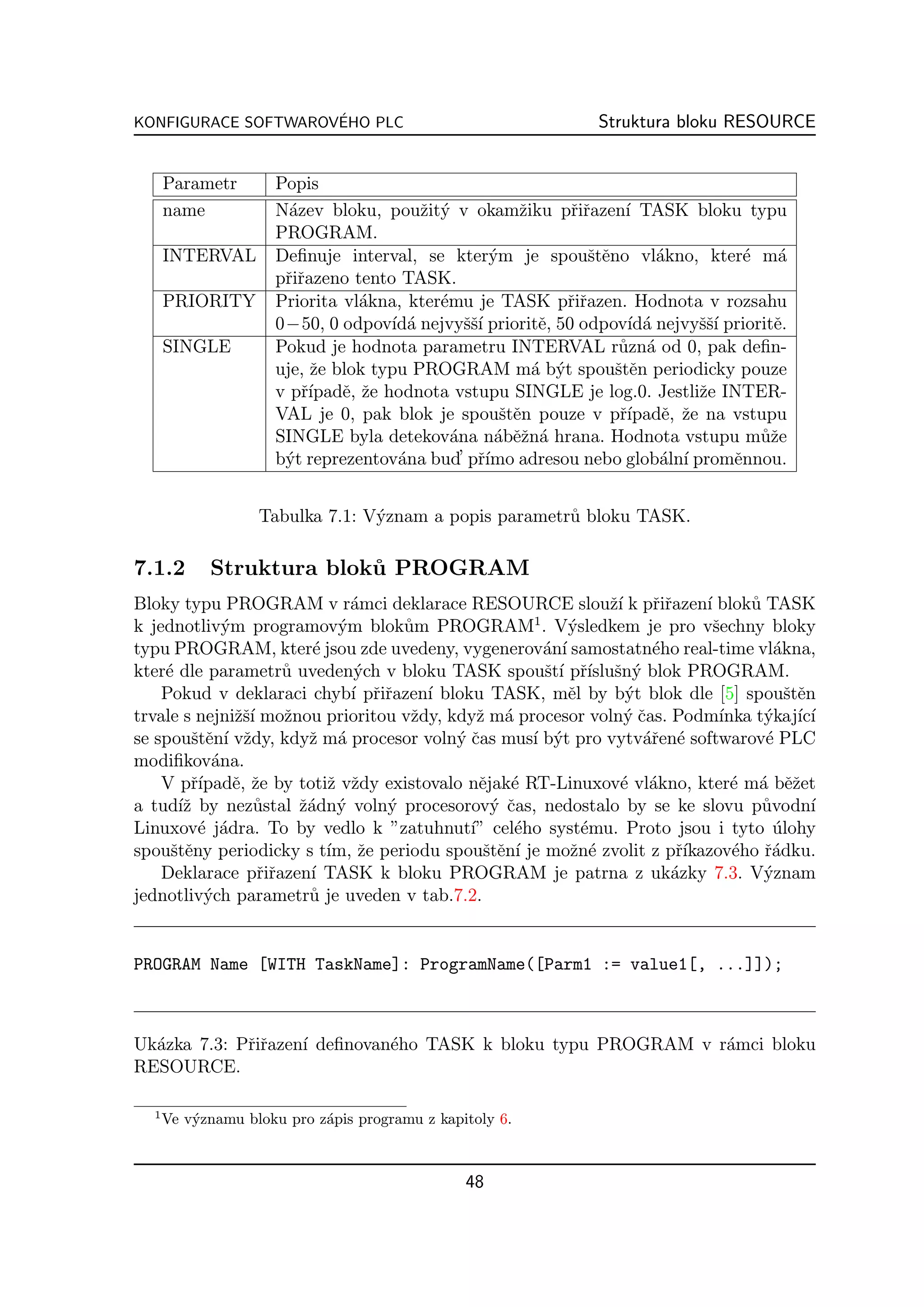 ´
KONFIGURACE SOFTWAROVEHO PLC                                  Struktura bloku RESOURCE


      Parametr       Popis
      name           N´zev bloku, pouˇit´ v okamˇiku pˇiˇazen´ TASK bloku typu
                       a                z y            z     rr     ı
                     PROGRAM.
      INTERVAL       Deﬁnuje interval, se kter´m je spouˇtˇno vl´kno, kter´ m´
                                                   y            se      a         e a
                     pˇiˇazeno tento TASK.
                      rr
      PRIORITY       Priorita vl´kna, kter´mu je TASK pˇiˇazen. Hodnota v rozsahu
                                a         e                  rr
                     0−50, 0 odpov´ a nejvyˇˇ´ prioritˇ, 50 odpov´ a nejvyˇˇ´ prioritˇ.
                                    ıd´       s sı        e         ıd´     ssı      e
      SINGLE         Pokud je hodnota parametru INTERVAL r˚zn´ od 0, pak deﬁn-
                                                                   u a
                     uje, ˇe blok typu PROGRAM m´ b´t spouˇtˇn periodicky pouze
                          z                              a y       se
                     v pˇ´ e, ˇe hodnota vstupu SINGLE je log.0. Jestliˇe INTER-
                         rıpadˇ z                                           z
                     VAL je 0, pak blok je spouˇtˇn pouze v pˇ´ e, ˇe na vstupu
                                                     se            rıpadˇ z
                     SINGLE byla detekov´na n´bˇˇn´ hrana. Hodnota vstupu m˚ˇe
                                            a       a ez a                         uz
                     b´t reprezentov´na bud’ pˇ´ adresou nebo glob´ln´ promˇnnou.
                      y              a           rımo                   a ı     e


                   Tabulka 7.1: V´znam a popis parametr˚ bloku TASK.
                                 y                     u

7.1.2       Struktura blok˚ PROGRAM
                          u
Bloky typu PROGRAM v r´mci deklarace RESOURCE slouˇ´ k pˇiˇazen´ blok˚ TASK
                               a                             zı    rr     ı      u
k jednotliv´m programov´m blok˚m PROGRAM1 . V´sledkem je pro vˇechny bloky
             y               y      u                   y                   s
typu PROGRAM, kter´ jsou zde uvedeny, vygenerov´n´ samostatn´ho real-time vl´kna,
                          e                         a ı            e                 a
kter´ dle parametr˚ uveden´ch v bloku TASK spouˇt´ pˇ´ sn´ blok PROGRAM.
    e                 u        y                    s ı rısluˇ y
    Pokud v deklaraci chyb´ pˇiˇazen´ bloku TASK, mˇl by b´t blok dle [5] spouˇtˇn
                               ı rr    ı                e       y                      se
trvale s nejniˇˇ´ moˇnou prioritou vˇdy, kdyˇ m´ procesor voln´ ˇas. Podm´
               zsı    z              z      z a                 yc           ınka t´kaj´ ı
                                                                                   y ıc´
se spouˇtˇn´ vˇdy, kdyˇ m´ procesor voln´ ˇas mus´ b´t pro vytv´ˇen´ softwarov´ PLC
        se ı z           z a              yc       ı y            ar e             e
modiﬁkov´na.
           a
    V pˇ´ e, ˇe by totiˇ vˇdy existovalo nˇjak´ RT-Linuxov´ vl´kno, kter´ m´ bˇˇet
        rıpadˇ z            z z             e e               e a              e a ez
a tud´z by nez˚stal ˇ´dn´ voln´ procesorov´ ˇas, nedostalo by se ke slovu p˚vodn´
      ıˇ          u     za y      y           y c                                  u      ı
Linuxov´ j´dra. To by vedlo k ”zatuhnut´ cel´ho syst´mu. Proto jsou i tyto ulohy
         e a                               ı”    e        e                          ´
spouˇtˇny periodicky s t´ ˇe periodu spouˇtˇn´ je moˇn´ zvolit z pˇ´
     se                     ım, z            se ı       z e           rıkazov´ho ˇ´dku.
                                                                               e ra
    Deklarace pˇiˇazen´ TASK k bloku PROGRAM je patrna z uk´zky 7.3. V´znam
                   rr    ı                                           a             y
jednotliv´ch parametr˚ je uveden v tab.7.2.
          y              u


PROGRAM Name [WITH TaskName]: ProgramName([Parm1 := value1[, ...]]);



Uk´zka 7.3: Pˇiˇazen´ deﬁnovan´ho TASK k bloku typu PROGRAM v r´mci bloku
  a          rr     ı         e                                a
RESOURCE.

  1
      Ve v´znamu bloku pro z´pis programu z kapitoly 6.
          y                 a



                                                48
 