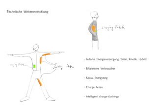 Technische Weiterentwicklung
- Autarke Energieversorgung: Solar, Kinetik, Hybrid
- Effizientere Verbraucher
- Social Energyzing
- Charge Areas
- Intelligent charge-clothings
 