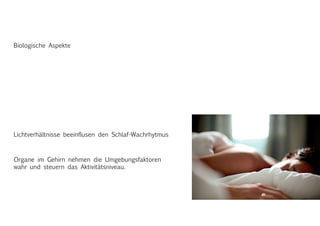 Lichtverhältnisse beeinflusen den Schlaf-Wachrhytmus
Organe im Gehirn nehmen die Umgebungsfaktoren
wahr und steuern das Aktivitätsniveau.
Biologische Aspekte
 