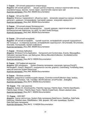 3. Сэдэв : С# хэлний удирдлагын операторууд
Агуулга: С# хэлний давталт, нөхцөл шалгах оператор, классын хэрэглэгчийн метод,
модификаторууд, массив, тоочих төрөл, хэрэглэгчийн нэрлэх орон зай
Ашиглах материал: Лекц №3, MSDN Documentation

4. Сэдэв : С# хэл ба ОХП
Агуулга: Классын тодорхойлолт, объектын заагч, өгөгдлийн хандалтын эрхүүд, өгөгдлийн
далдлалт, удамшил, полиморфизм, тэдгээрийг дэмжих , өгөгдлийн хөрвүүлэлт
Ашиглах материал: Лекц №4, MSDN Documentation

5. Сэдэв : С# хэлний алдааг боловсруулагч
Агуулга: С# хэлний алдааг боловсруулах, түүнийг удирдах, хэрэглэгчийн алдааг
боловсруулагчийг байгуулах, try catch, try catch finally блокууд
Ашиглах материал: Лекц №5, MSDN Documentation


6. Сэдэв : С# хэлний интерфейс
Агуулга: С# хэлний интерфейс, түүнийг ашиглах, интерфейсийг илэрхий тодорхойлолт,
AS түлхүүр үг , is оператор ашиглах, интерфейсийн хэрэгжүүлэлт, IEnumerable, IEnumerator,
IClonable, IComparable, System.Collections
Ашиглах материал: Лекц №6, MSDN Documentation

7. Сэдэв : Windows Apllication
Агуулга: Windows.Forms.Application, Component and Control class, Events, MessageBox,
Calculator програм бичих, цэс байгуулах, Menus.MenuItemCollection, ScrollableControl,
ContainerControl class
Ашиглах материал: Лекц №7,8 MSDN Documentation

8. Сэдэв : С# Графиктай ажиллах
Агуулга: GDI namespace, System.Drawing namespace, өгөгдлийн төрлүүд Point(F),
Rectangle(F), Size(F), Region(F), координатын систем, graphics, ColorDialog, FontDialog class,
нөөцтэй ажиллах System.Resources
Ашиглах материал: Лекц №9, MSDN Documentation

9. Сэдэв : Windows controls
Агуулга: удирдлагын элементүүдийн иерарх, Controls>controlCollection class, textbox,
Radiobutton, Checkbox, Tab, TrackBar, MonthCalendar, ErrorProvider , DialogBox
Ашиглах материал: Лекц №10, MSDN Documentation

10. Сэдэв : File –тай ажиллах
Агуулга: System.IO, Directory(Info), File(Info) төрлүүд, FileInfo.Open, FileInfo.OpenRead(),
FileInfo.Open Write() , FileInfo.Open Text(), FileInfo.CreateText(), Stream abstract class
Ашиглах материал: Лекц №11, MSDN Documentation

11. Сэдэв : ADO.NET
Агуулга: Үндсэн ойлголтууд, System.Data namespace,DataColumn, DataRow, DataTable,
DataView, DataSet class, DataRelation, XML формат, ӨС-гийн провайдер, System.
Data.SqlTypes namespace
Ашиглах материал: Лекц №12, 13 MSDN Documentation



                                               20
 