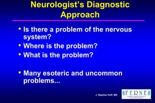 J. Stephen Huff, MD
Neurologist’s Diagnostic
Approach
• Is there a problem of the nervous
system?
• Where is the problem?
• What is the problem?
• Many esoteric and uncommon
problems...
 