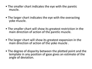 • The smaller chart indicates the eye with the paretic
muscle.
• The larger chart indicates the eye with the overacting
yoke muscle.
• The smaller chart will show its greatest restriction in the
main direction of action of the paretic muscle.
• The larger chart will show its greatest expansion in the
main direction of action of the yoke muscle .
• The degree of disparity between the plotted point and the
template in any position of gaze gives an estimate of the
angle of deviation.
 