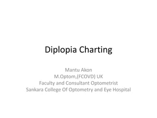 Diplopia Charting 
Mantu Akon 
M.Optom,(FCOVD) UK 
Faculty and Consultant Optometrist 
Sankara College Of Optometry and Eye Hospital 
 