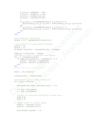 y_circ_a = yIndex(i) - rhs;
y_circ_b = yIndex(i) + rhs;
y_circ_a = round(y_circ_a);
y_circ_b = round(y_circ_b);
if y_circ_a < size(EdgesBinary,1) & y_circ_a >= 1
AccCircles(y_circ_a, x_circ) = AccCircles(y_circ_a, x_circ)+1;
end
if y_circ_b < size(EdgesBinary,1) & y_circ_b >= 1
AccCircles(y_circ_b, x_circ) = AccCircles(y_circ_b, x_circ)+1;
end
end
end
%set threshold, arbitrarily
thresh = 0.9 * max(max(AccCircles(:)));
% get centers of circles above threshold
xcoord = [];
ycoord = [];
[y_center x_center] = find(AccCircles > thresh);
temp_acc = AccCircles - thresh;
%and add to x and y coordinate value arrays
for i = 1:length(x_center)
if temp_acc(y_center(i), x_center(i)) >= 0
xcoord = [xcoord; x_center(i)];
ycoord = [ycoord; y_center(i)];
end
end
%-------------------------------
theta = [0:1:2*pi+1];
[xsize,ysize] = size(xcoord);
%reconstruct circles from centerpoints
for n_circ = 1:xsize
plot(xcoord(n_circ), ycoord(n_circ), '*');
x = rad * sin(theta);
y = rad * cos(theta);
%do this to initialize xoff/yoff to right size...
xoff = x;
yoff = y;
%reset values to correct offset
xoff(:) = xcoord(n_circ);
yoff(:) = ycoord(n_circ);
plot(x+xoff, y+yoff, 'c');
D
igitalIm
age
Processing
M
ATLAB
N
otes
-Akshansh
 