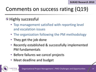 Comments on success rating (Q19)
Highly successful
• Top management satisfied with reporting level
and escalation issues
• The organization following the PM methodology
• They get the job done
• Recently established & successfully implemented
PM fundamentals
• Before failures we cancel projects
• Meet deadline and budget
SUKAD Research 2010
Organizational Project Management | PMO Challenges and Opportunities 10
 