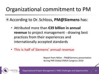 Organizational commitment to PM
According to Dr.Schloss, PM@Siemens has:
• Attributed more than €39 billion in annual
revenue to project management - drawing best
practices from their experiences and
internationally accepted standards
• This is half of Siemens' annual revenue
Report from Milan - PM@Siemens presentation
during PMI Global EMEA Congress 2010
Organizational Project Management | PMO Challenges and Opportunities 22
 