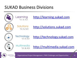 SUKAD Business Divisions
Organizational Project Management | PMO Challenges and Opportunities 35
http://learning.sukad.com
http://solutions.sukad.com
http://technology.sukad.com
http://multimedia.sukad.com
 