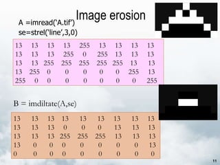 Image erosion A =imread(‘A.tif’) se=strel(‘line’,3,0) 13  13  13  13  255  13  13  13  13 13  13  13  255  0  255  13  13  13 13  13  255  255  255  255  255  13  13 13  255  0  0  0  0  0  255  13 255  0  0  0  0  0  0  0  255 13  13  13  13  13  13  13  13  13 13  13  13  0  0  0  13  13  13 13  13  13  255  255  255  13  13  13 13  0  0  0  0  0  0  0  13 0  0  0  0  0  0  0  0  0 B = imdiltate(A,se) 