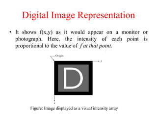 Digital Image Representation
• It shows f(x,y) as it would appear on a monitor or
photograph. Here, the intensity of each point is
proportional to the value of f at that point.
Figure: Image displayed as a visual intensity array
 