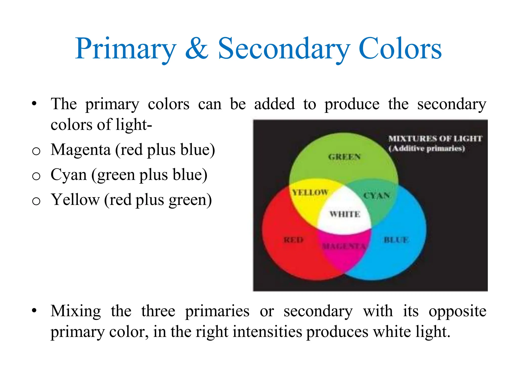 Primary & Secondary Colors
• The primary colors can be added to produce the secondary
colors of light-
o Magenta (red plus blue)
o Cyan (green plus blue)
o Yellow (red plus green)
• Mixing the three primaries or secondary with its opposite
primary color, in the right intensities produces white light.
 