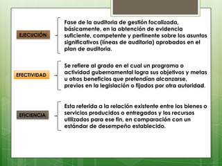 Fase de la auditoria de gestión focalizada,
              básicamente, en la obtención de evidencia
 EJECUCIÓN    suficiente, competente y pertinente sobre los asuntos
              significativos (líneas de auditoria) aprobados en el
              plan de auditoria.


              Se refiere al grado en el cual un programa o
EFECTIVIDAD
              actividad gubernamental logra sus objetivos y metas
              u otros beneficios que pretendían alcanzarse,
              previos en la legislación o fijados por otra autoridad.


              Esta referida a la relación existente entre los bienes o
 EFICIENCIA   servicios producidos o entregados y los recursos
              utilizados para ese fin, en comparación con un
              estándar de desempeño establecido.
 
