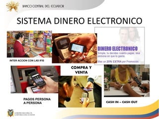 SISTEMA DINERO ELECTRONICO
COMPRA Y
VENTA
PAGOS PERSONA
A PERSONA CASH IN – CASH OUT
INTER ACCION CON LAS IFIS
 