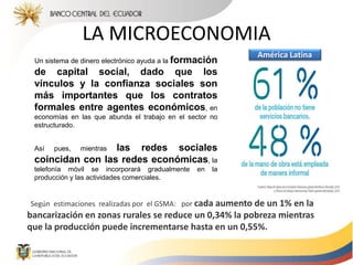 LA MICROECONOMIA
Un sistema de dinero electrónico ayuda a la formación
de capital social, dado que los
vínculos y la confianza sociales son
más importantes que los contratos
formales entre agentes económicos, en
economías en las que abunda el trabajo en el sector no
estructurado.
Así pues, mientras las redes sociales
coincidan con las redes económicas, la
telefonía móvil se incorporará gradualmente en la
producción y las actividades comerciales.
Según estimaciones realizadas por el GSMA: por cada aumento de un 1% en la
bancarización en zonas rurales se reduce un 0,34% la pobreza mientras
que la producción puede incrementarse hasta en un 0,55%.
América Latina
 