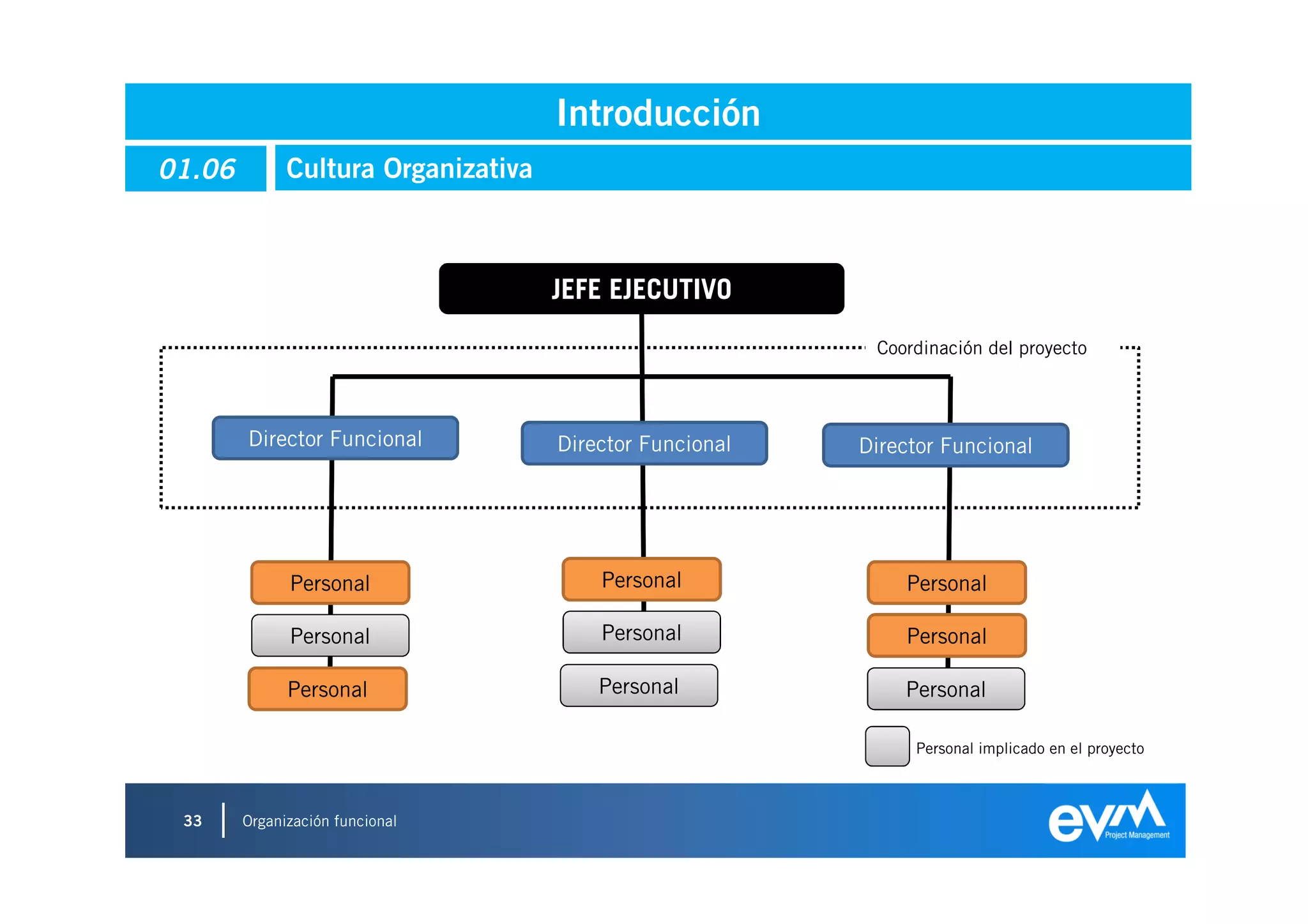 Introducción
01.06         Cultura Organizativa



                                     JEFE EJECUTIVO
                                                           Coordinación del proyecto



        Director Funcional           Director Funcional   Director Funcional




              Personal                   Personal             Personal

              Personal                   Personal             Personal

              Personal                   Personal             Personal

                                                               Personal implicado en el proyecto



 33     Organización funcional
 