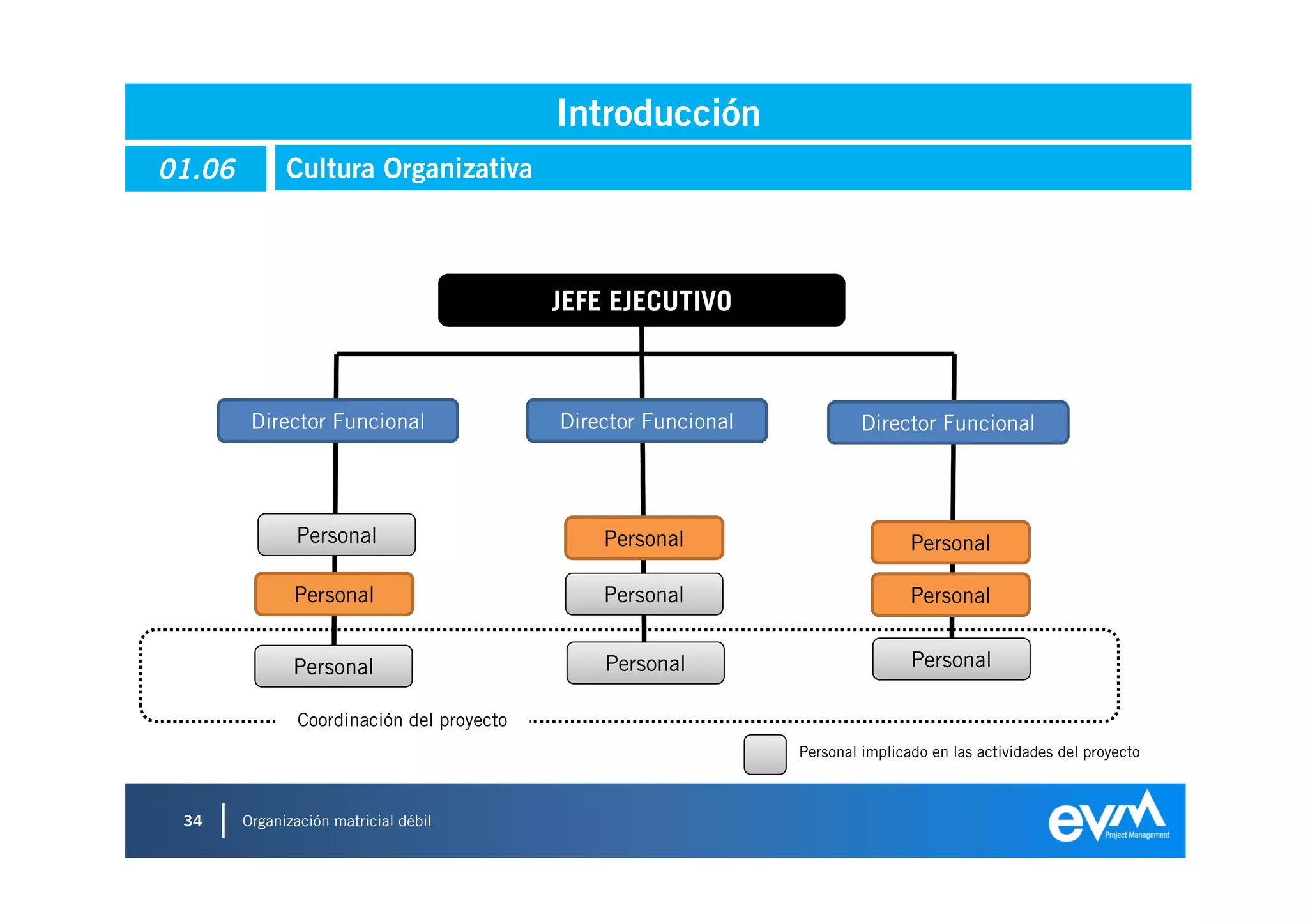 Introducción
01.06         Cultura Organizativa



                                            JEFE EJECUTIVO



         Director Funcional                 Director Funcional            Director Funcional




               Personal                         Personal                         Personal

               Personal                         Personal                         Personal


               Personal                         Personal                         Personal

                Coordinación del proyecto
                                                                 Personal implicado en las actividades del proyecto



 34     Organización matricial débil
 