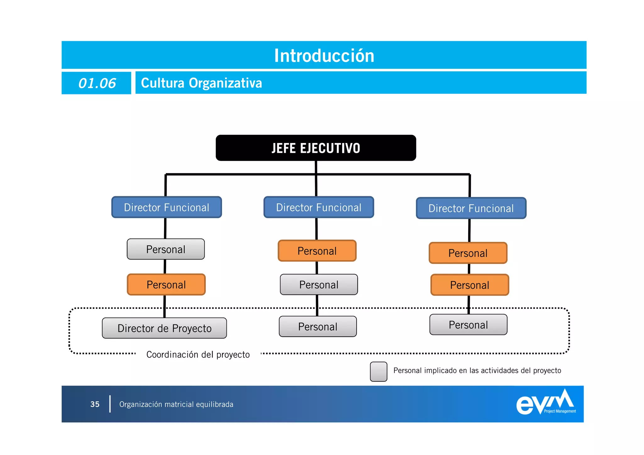 Introducción
01.06         Cultura Organizativa



                                             JEFE EJECUTIVO



         Director Funcional                  Director Funcional             Director Funcional


               Personal                          Personal                         Personal

                Personal                         Personal                         Personal



        Director de Proyecto                     Personal                         Personal

                Coordinación del proyecto
                                                                  Personal implicado en las actividades del proyecto



 35     Organización matricial equilibrada
 