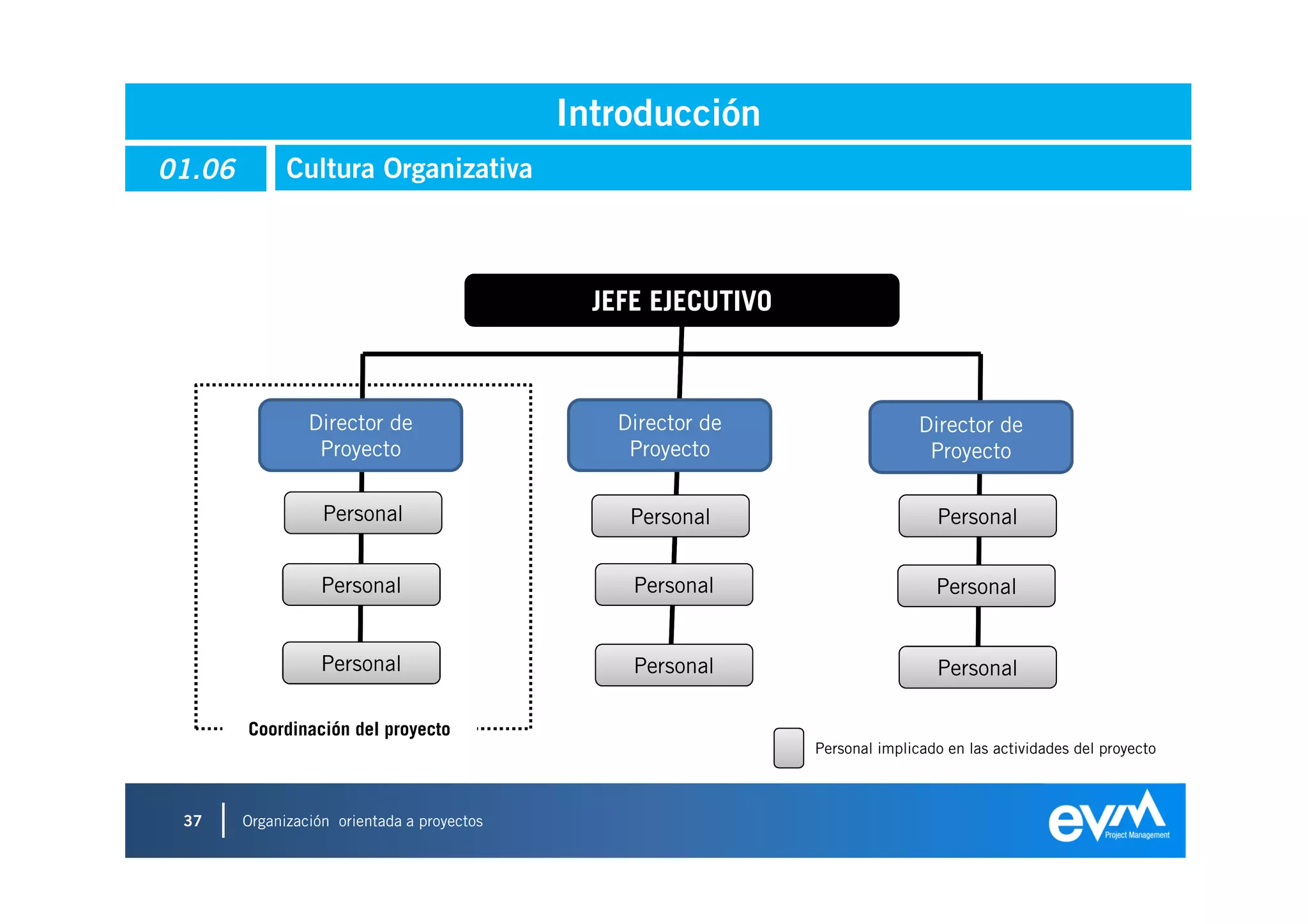 Introducción
01.06         Cultura Organizativa



                                               JEFE EJECUTIVO



                 Director de                    Director de                    Director de
                  Proyecto                       Proyecto                       Proyecto

                   Personal                      Personal                        Personal


                   Personal                       Personal                       Personal


                   Personal                       Personal                       Personal

        Coordinación del proyecto
                                                                Personal implicado en las actividades del proyecto



 37     Organización orientada a proyectos
 