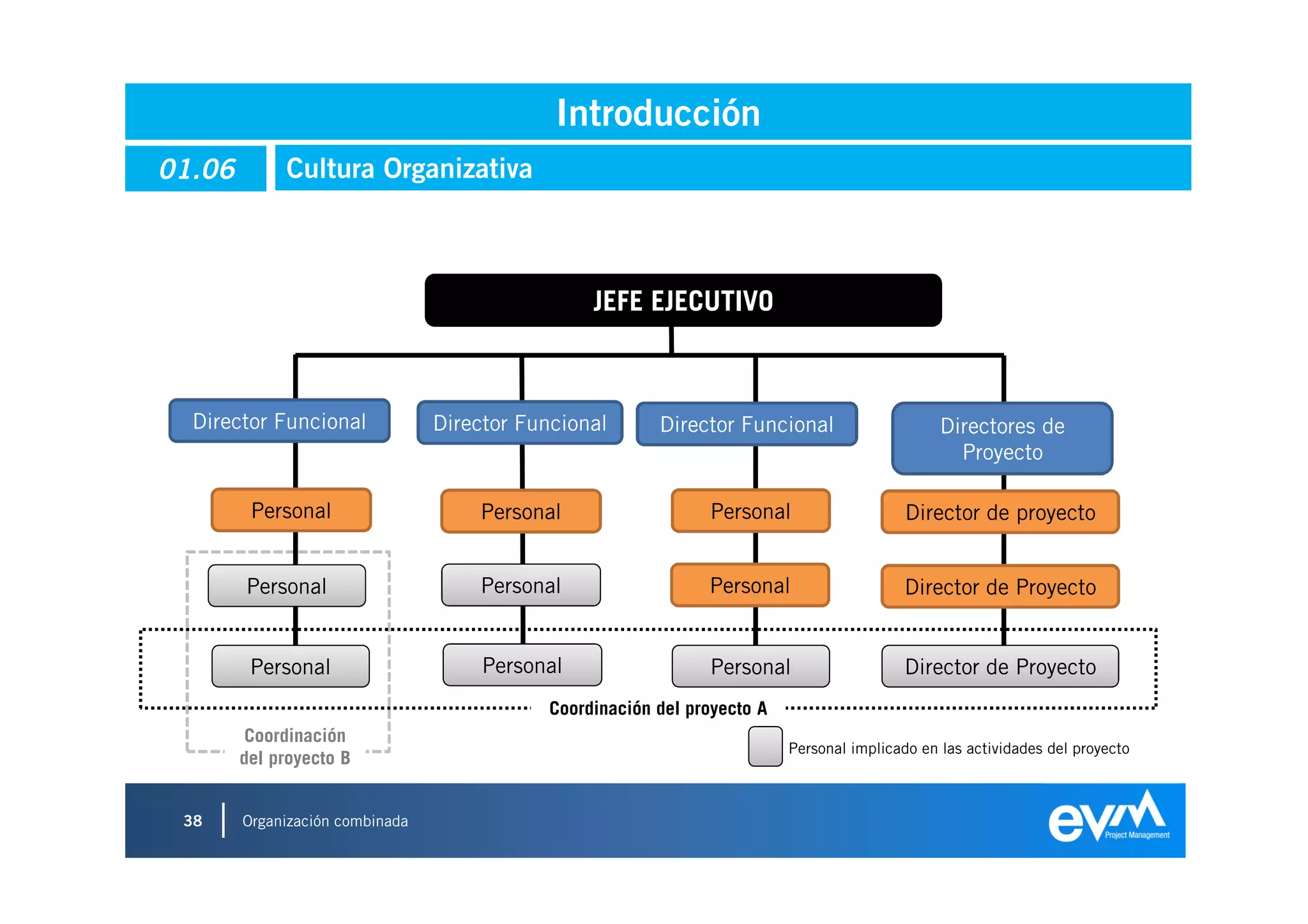 Introducción
01.06        Cultura Organizativa



                                                  JEFE EJECUTIVO



  Director Funcional             Director Funcional       Director Funcional                     Directores de
                                                                                                   Proyecto

         Personal                    Personal                   Personal                    Director de proyecto


        Personal                     Personal                   Personal                    Director de Proyecto


         Personal                     Personal                  Personal                    Director de Proyecto
                                             Coordinación del proyecto A
         Coordinación
                                                                           Personal implicado en las actividades del proyecto
        del proyecto B


 38     Organización combinada
 