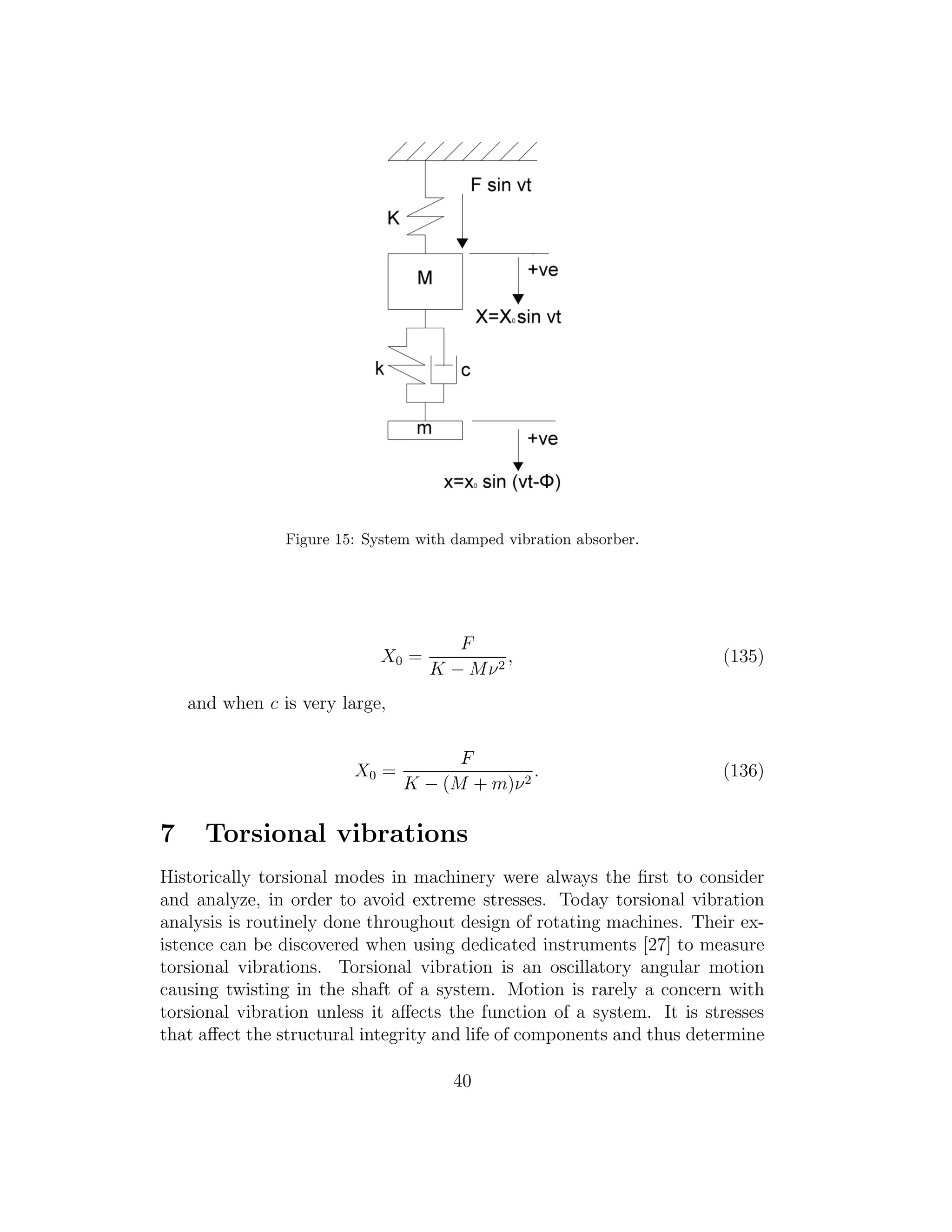 Figure 15: System with damped vibration absorber.
X0 =
F
K − Mν2
, (135)
and when c is very large,
X0 =
F
K − (M + m)ν2
. (136)
7 Torsional vibrations
Historically torsional modes in machinery were always the ﬁrst to consider
and analyze, in order to avoid extreme stresses. Today torsional vibration
analysis is routinely done throughout design of rotating machines. Their ex-
istence can be discovered when using dedicated instruments [27] to measure
torsional vibrations. Torsional vibration is an oscillatory angular motion
causing twisting in the shaft of a system. Motion is rarely a concern with
torsional vibration unless it aﬀects the function of a system. It is stresses
that aﬀect the structural integrity and life of components and thus determine
40
 
