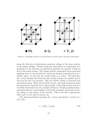 Figure 3: Crystalline structure of a piezoelectric crystal, before and after polarization.
along the direction of polarization generates voltage of the same polarity
as the poling voltalge. Tension along the polarization or compression per-
pendicular to the direction or polarization generates an opposite voltage to
that of the poling voltage. The voltage and the compressive stress generated
applying stress to the piezoelectric crystal are linearly proportional up to a
speciﬁc stress. In this way the crystal works as a sensor. The piezoelec-
tric crystal expands and contracts when poling voltages are applied, and in
this way the use is an actuator. This way electric energy is converted into
mechanical energy. When electric ﬁelds are low, and small mechanical stress
the piezoelectric materials have a linear proﬁle. Under high stresses and elec-
tric ﬁelds this breaks into very nonlinear behavior. Straining mechanically a
poled piezoelectric crystal makes it electrically polarized, producing an elec-
tric charge on the surface of the material. This is the direct piezoelectric
eﬀect and it is the basis of sensory use.
The electromechanical equations for a linear piezoelectric crystal are (
[12], [13]):
εi = SE
ij σj + dmiEm (37)
13
 