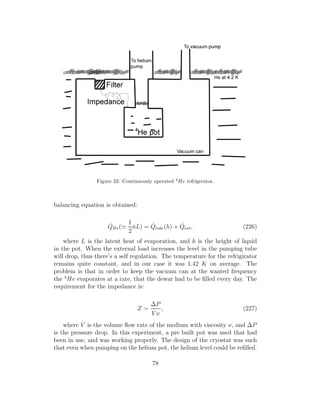 Figure 32: Continuously operated 4
He refrigerator.
balancing equation is obtained:
˙QHe(≃
1
2
˙nL) = ˙Qtube(h) + ˙Qext, (226)
where L is the latent heat of evaporation, and h is the height of liquid
in the pot. When the external load increases the level in the pumping tube
will drop, thus there’s a self regulation. The temperature for the refrigirator
remains quite constant, and in our case it was 1.42 K on average. The
problem is that in order to keep the vacuum can at the wanted frequency
the 4
He evaporates at a rate, that the dewar had to be ﬁlled every day. The
requirement for the impedance is:
Z =
∆P
˙V ν
, (227)
where ˙V is the volume ﬂow rate of the medium with viscosity ν, and ∆P
is the pressure drop. In this experiment, a pre built pot was used that had
been in use, and was working properly. The design of the cryostat was such
that even when pumping on the helium pot, the helium level could be reﬁlled.
78
 