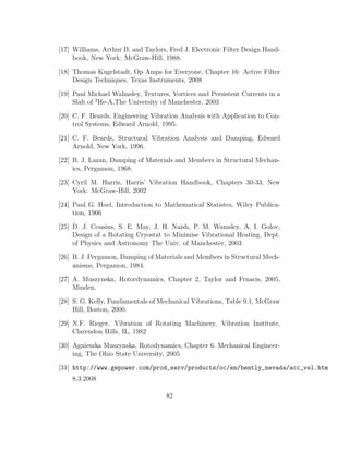 [17] Williams, Arthur B. and Taylors, Fred J. Electronic Filter Design Hand-
book, New York: McGraw-Hill, 1988.
[18] Thomas Kugelstadt, Op Amps for Everyone, Chapter 16: Active Filter
Design Techniques, Texas Instruments, 2008
[19] Paul Michael Walmsley, Textures, Vortices and Persistent Currents in a
Slab of 3
He-A,The University of Manchester, 2003
[20] C. F. Beards, Engineering Vibration Analysis with Application to Con-
trol Systems, Edward Arnold, 1995.
[21] C. F. Beards, Structural Vibration Analysis and Damping, Edward
Arnold, New York, 1996.
[22] B. J. Lazan, Damping of Materials and Members in Structural Mechan-
ics, Pergamon, 1968.
[23] Cyril M. Harris, Harris’ Vibration Handbook, Chapters 30-33, New
York: McGraw-Hill, 2002
[24] Paul G. Hoel, Introduction to Mathematical Statistcs, Wiley Publica-
tion, 1966
[25] D. J. Cousins, S. E. May, J. H. Naish, P. M. Wamsley, A. I. Golov,
Design of a Rotating Cryostat to Minimise Vibrational Heating, Dept.
of Physics and Astronomy The Univ. of Manchester, 2003
[26] B. J. Pergamon, Damping of Materials and Members in Structural Mech-
anisms, Pergamon, 1984.
[27] A. Muszynska, Rotordynamics, Chapter 2, Taylor and Frnacis, 2005,
Minden.
[28] S. G. Kelly, Fundamentals of Mechanical Vibrations, Table 9.1, McGraw
Hill, Boston, 2000.
[29] N.F. Rieger, Vibration of Rotating Machinery, Vibration Institute,
Clarendon Hills, IL, 1982
[30] Agnieszka Muszynska, Rotodynamics, Chapter 6. Mechanical Engineer-
ing, The Ohio State University, 2005
[31] http://www.gepower.com/prod_serv/products/oc/en/bently_nevada/acc_vel.htm
8.3.2008
82
 