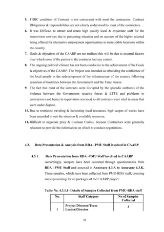 5. FIDIC condition of Contract is not conversant with most the contractors: Contract
Obligations & responsibilities are not clearly understood by most of the contractors.
6. It was Difficult to attract and retain high quality local & expatriate staff for the
supervision services due to pertaining situation and on account of the higher salaried
being offered for alternative employment opportunities in more stable locations within
the country.
7. Goals & objectives of the CAARP are not realized this will be due to external factors
over which none of the parties to the contracts had any control.
8. The ongoing political climate has not been conducive to the achievement of the Goals
& objectives of the CAARP. The Project was intended as rebuilding the confidence of
the local people in the redevelopment of the infrastructure of the country following
cessation of hostilities between the Government and the Tamil forces.
9. The fact that most of the contracts were disrupted by the sporadic outbursts of the
violence between the Government security forces & LTTE and problems to
contractors (and hence to supervision services) as all contracts were sited in areas that
were under dispute.
10. Due to restricted traveling & harvesting local resources, high scopes of works have
been amended to suit the situation & available resources.
11. Difficult to negotiate price & Evaluate Claims, because Contractors were generally
reluctant to provide the information on which to conduct negotiations.
4.3. Data Presentation & Analysis from RDA –PMU Staff involved in CAARP
4.3.1 Data Presentation from RDA –PMU Staff involved in CAARP
Accordingly, samples have been collected through questionnaires from
RDA –PMU Staff and annexed in Annexure 4.3.A to Annexure 4.3.K.
These samples, which have been collected from PMU-RDA staff, covering
and representing for all packages of the CAARP project.
Table No. 4.3.1.1- Details of Samples Collected from PMU-RDA staff
No. Staff Category No of Samples
Collected
1
Project Director/Team
Leader/Director
3
35
 