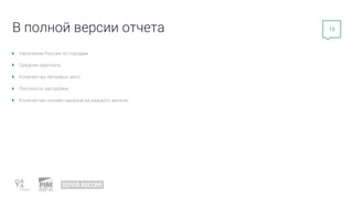 10
Население России по городам
Средняя зарплата
Количество легковых авто
Плотность застройки
Количество онлайн-заказов на каждого жителя
В полной версии отчета
 