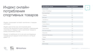 Индекс онлайн-
потребления
спортивных товаров
datainsight.ru | pimsolutions.ru
15
Индекс показывает интерес населения к товарам
категории.
Индекс рассчитан как соотношение доли
количества заказов (ко всем заказам, содержащим
спортивные товары) к доле населения города ко
всему населению России.
Индекс потребления почти во всех исследуемых
городах выше среднестатистического, который
равен 1,0.
Крупнейшие города Индекс потребления
Краснодар 3,1
Санкт-Петербург 2,5
Екатеринбург 2,1
Тюмень 2,0
Москва 2,0
Челябинск 1,8
Казань 1,7
Новосибирск 1,6
Самара 1,6
Красноярск 1,4
Ростов-на-Дону 1,4
Воронеж 1,4
Нижний Новгород 1,4
Пермь 1,2
Омск 1,1
Уфа 1,1
Волгоград 0,9
 