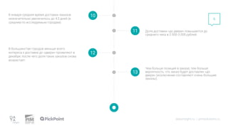 datainsight.ru | pimsolutions.ru
6
10
11
В январе среднее время доставки заказов
незначительно увеличилось до 4,5 дней (в
среднем по исследуемым городам).
Доля доставки «до двери» повышается до
среднего чека в 2 000-3 000 рублей.
12
13
В большинстве городов меньше всего
интереса к доставке до «двери» проявляют в
декабре, после чего доля таких заказов снова
возрастает.
Чем больше позиций в заказе, тем больше
вероятность, что заказ будет доставлен «до
двери» (исключение составляют очень большие
заказы).
 