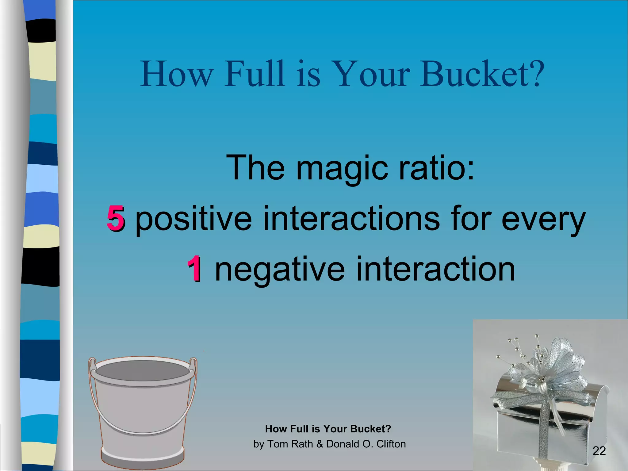 How Full is Your Bucket?   The magic ratio: 5   positive interactions for every  1  negative interaction How Full is Your Bucket?  by Tom Rath & Donald O. Clifton 
