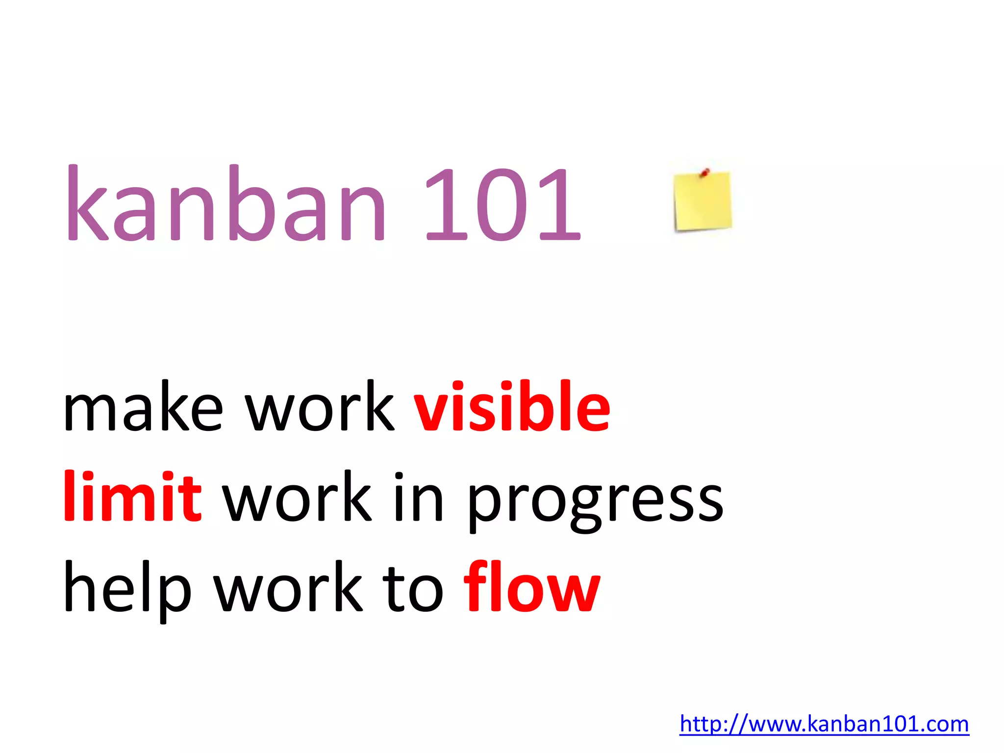 kanban 101make work visiblelimit work in progresshelp work to flowhttp://www.kanban101.com