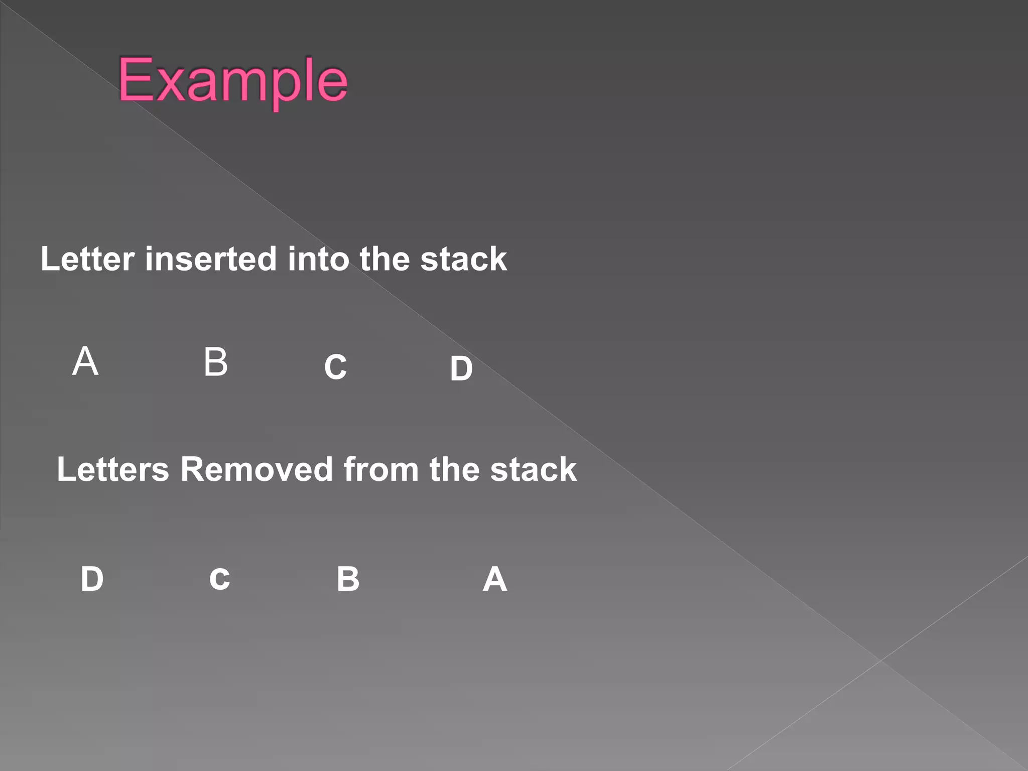 A B C D
cD A
Letters Removed from the stack
Letter inserted into the stack
B
 