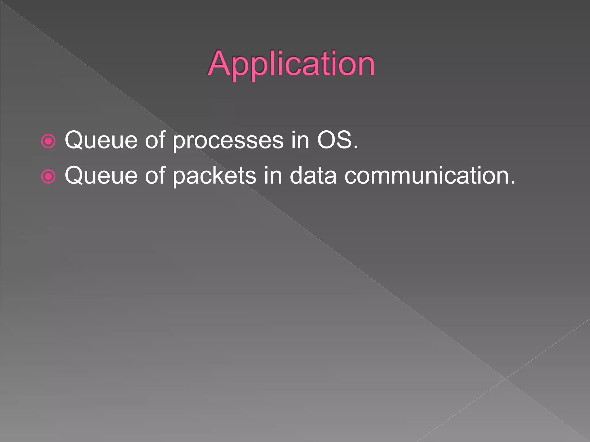  Queue of processes in OS.
 Queue of packets in data communication.
 