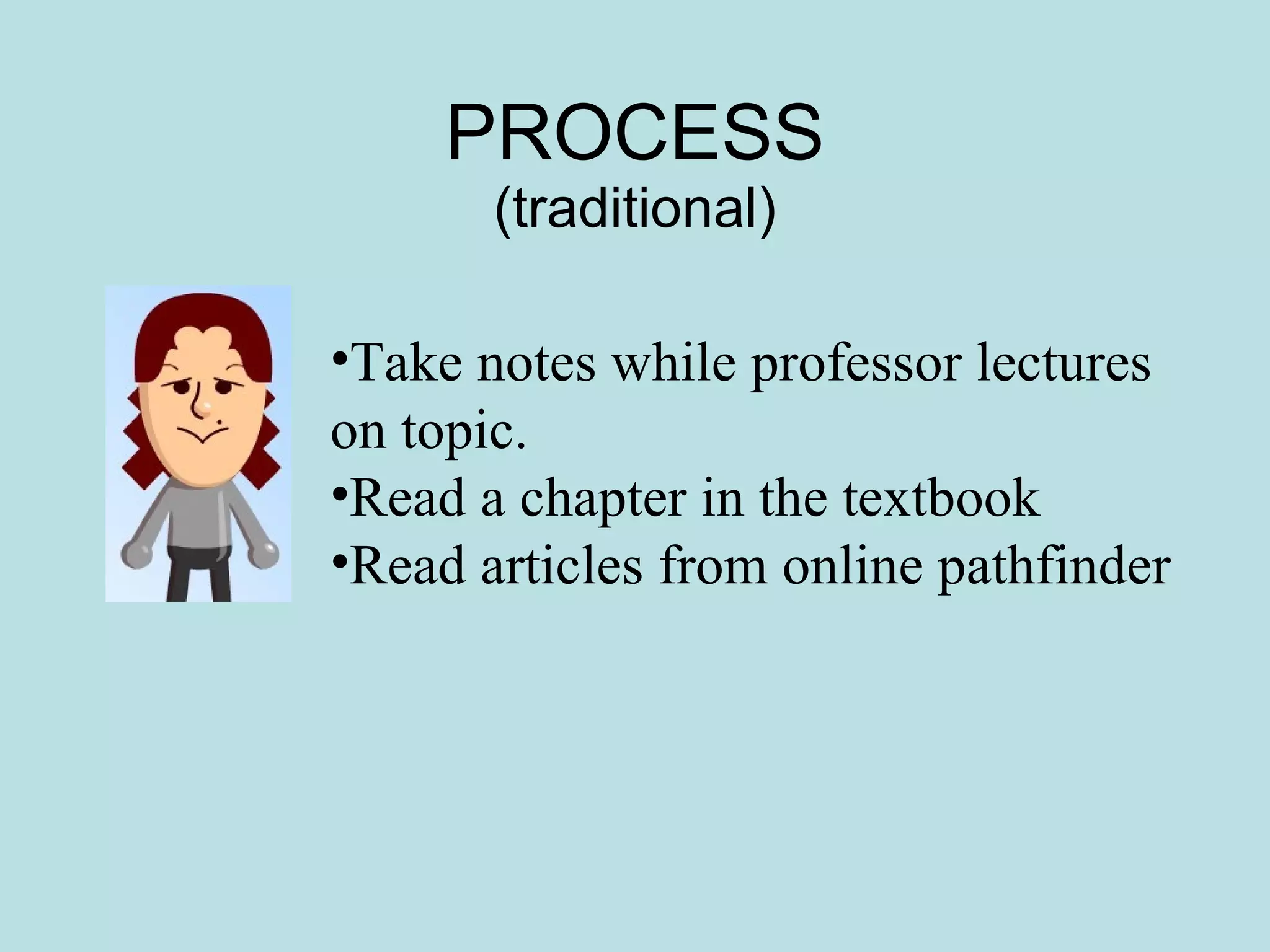 PROCESS (traditional) Take notes while professor lectures on topic.  Read a chapter in the textbook Read articles from online pathfinder 