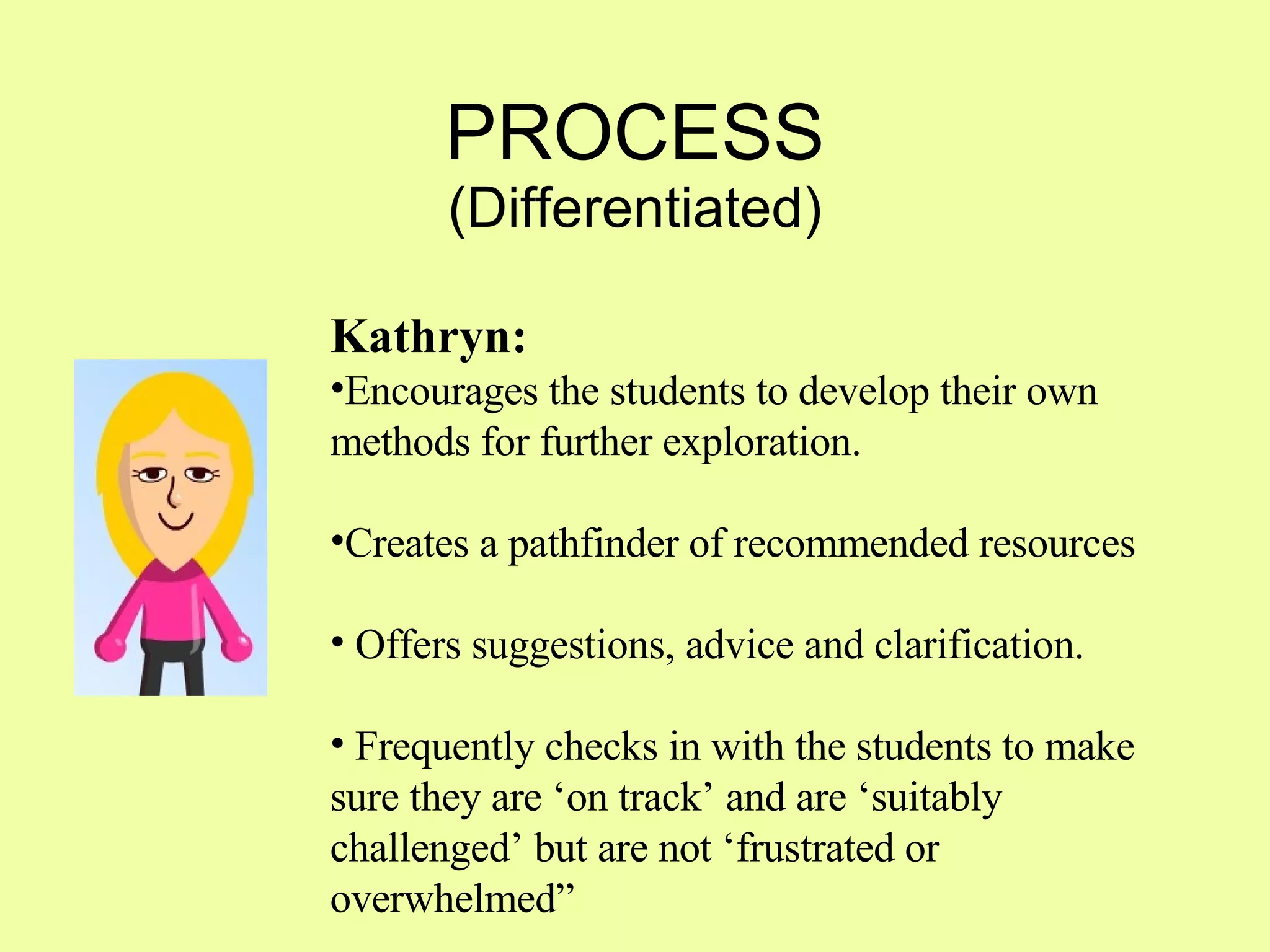 PROCESS (Differentiated) Kathryn: Encourages the students to develop their own methods for further exploration.  Creates a pathfinder of recommended resources Offers suggestions, advice and clarification. Frequently checks in with the students to make sure they are ‘on track’ and are ‘suitably challenged’ but are not ‘frustrated or overwhelmed” 