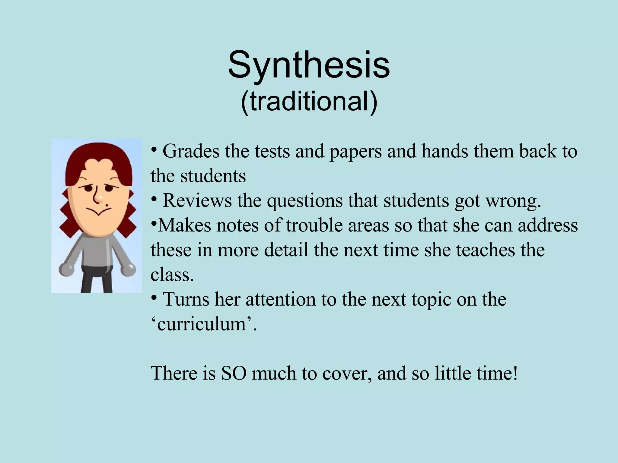 Synthesis (traditional) Grades the tests and papers and hands them back to the students Reviews the questions that students got wrong. Makes notes of trouble areas so that she can address these in more detail the next time she teaches the class. Turns her attention to the next topic on the ‘curriculum’. There is SO much to cover, and so little time! 